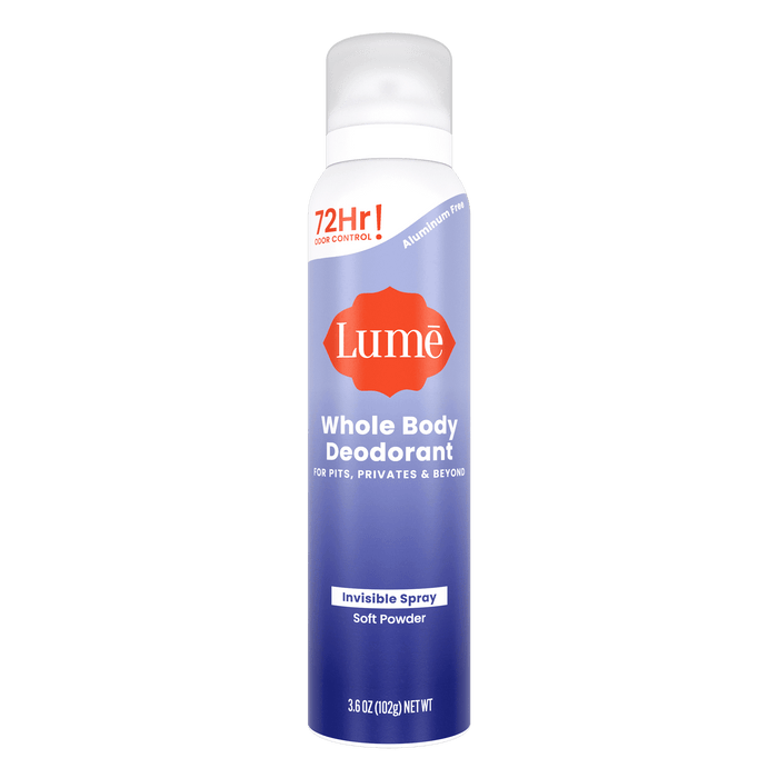 Purple can of spray deodorant in the scent Soft Powder