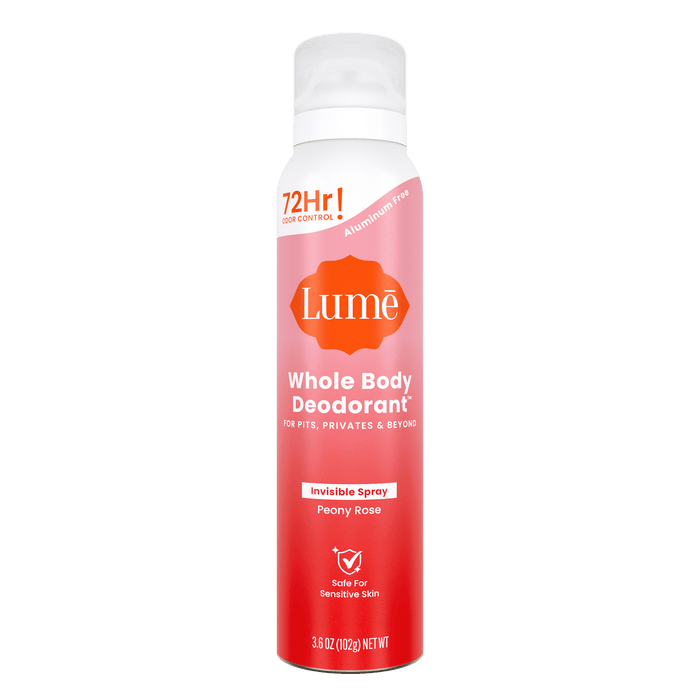 Can of Lume aluminum free spray deodorant in the scent Peony Rose
