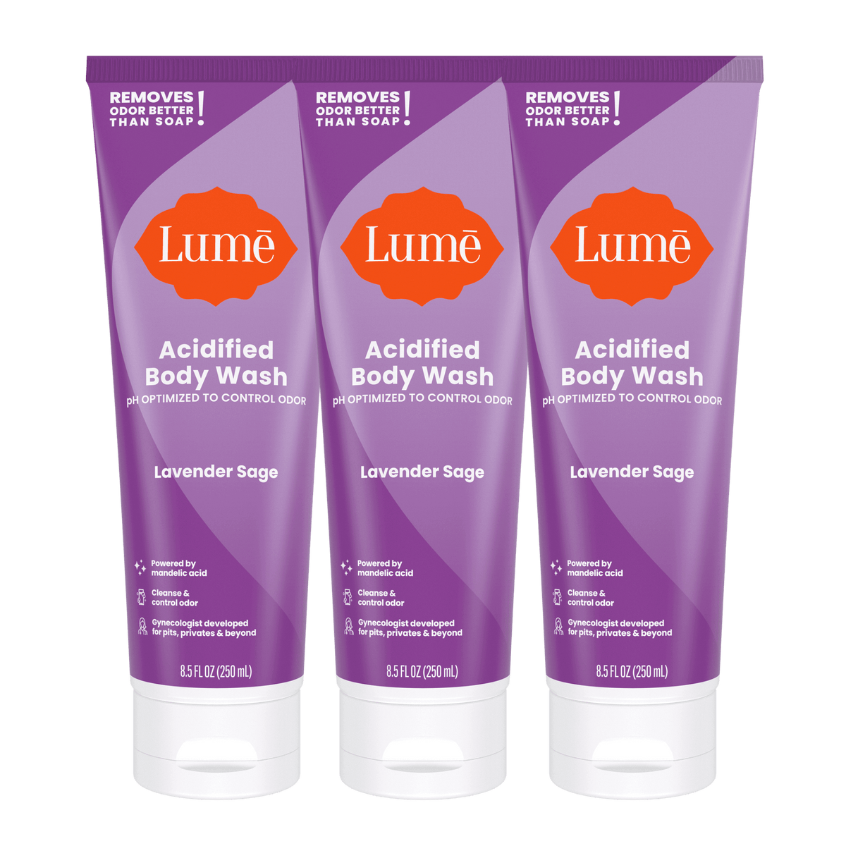 Three purple tubes of body wash in the scent Lavender Sage