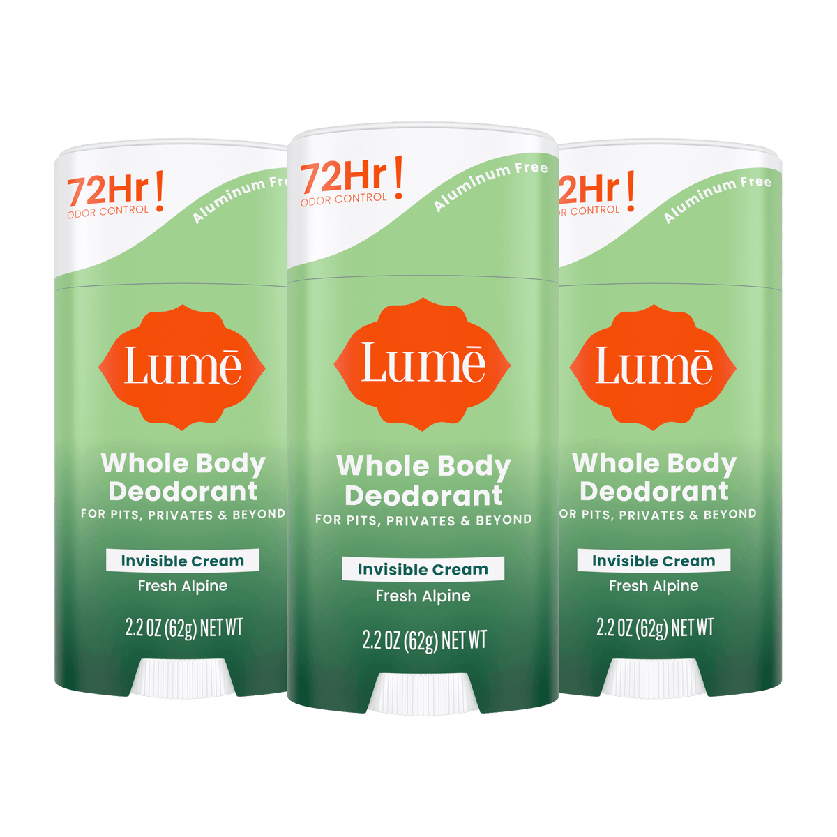 Three green Lume cream deodorant sticks in the scent Fresh Alpine