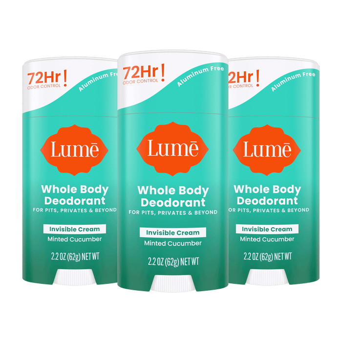 Three green Lume cream deodorant sticks in the scent Minted Cucumber