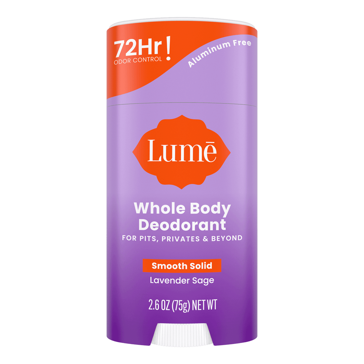 Purple and orange bar of Lume lavender sage scented solid deodorant stick