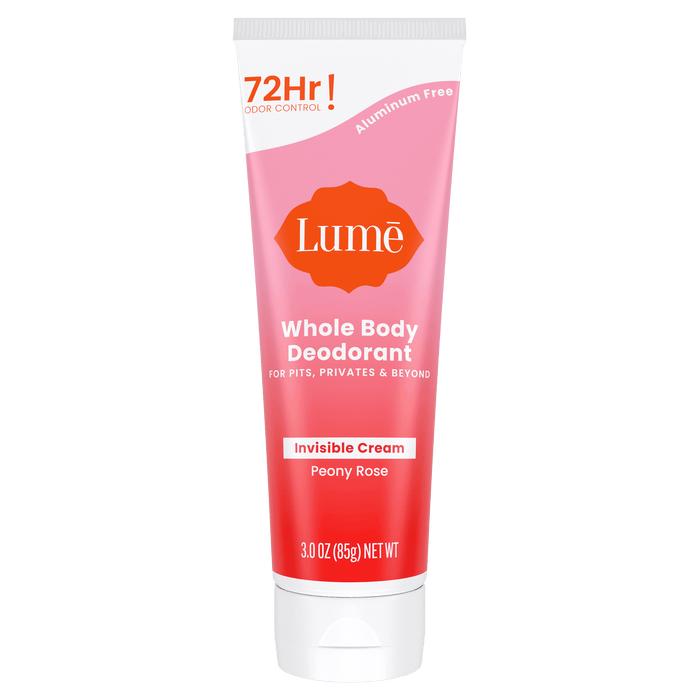 Pink and white Lume peony rose scented cream deodorant tube