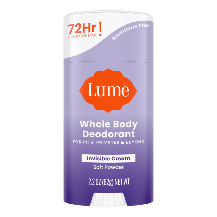 Purple and white Lume soft powder scented cream deodorant stick