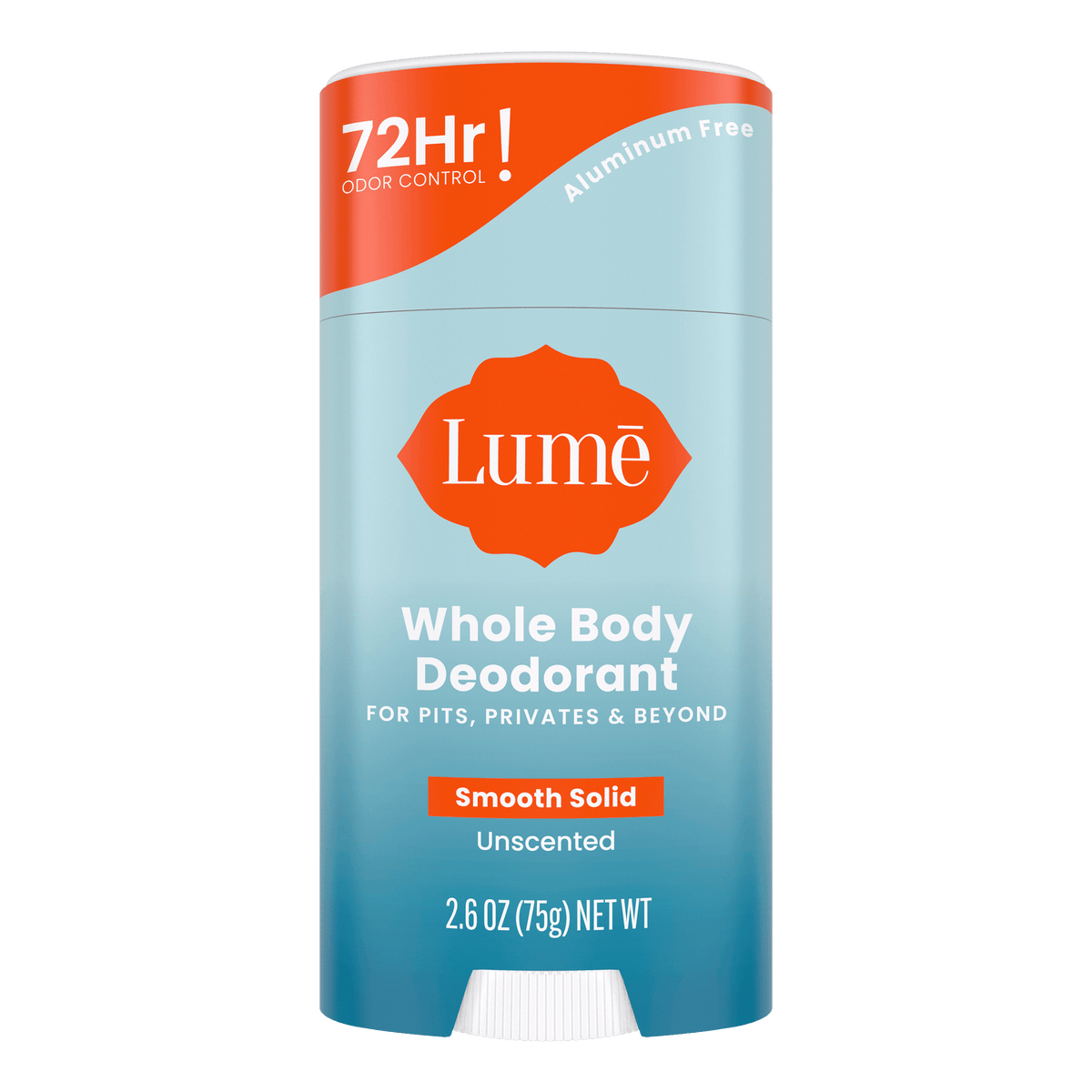 Blue and white Lume Unscented Solid Deodorant stick