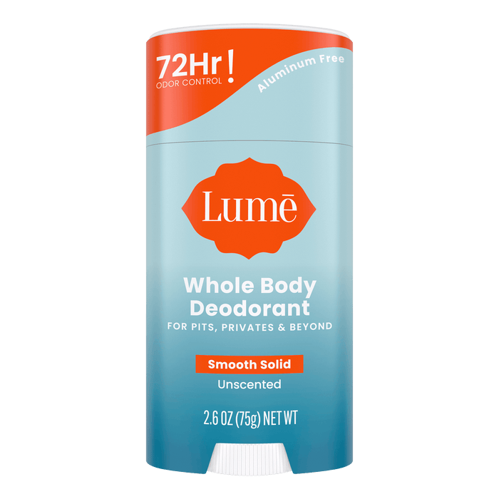 Blue and white Lume Unscented Solid Deodorant stick